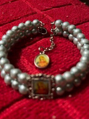 Double Strand Gray Faux Pearl Religious Dangle Charm Bracelet Lobster Clasp